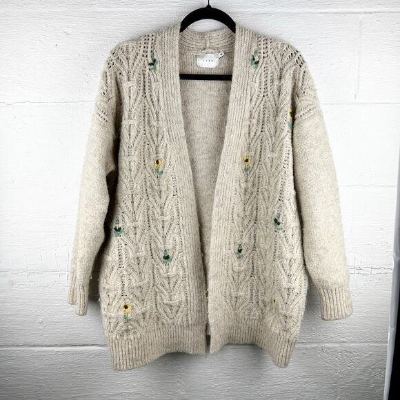 Lush Open Front Chunky Knit Sunflower Cardigan Tan Floral Embroidery‎ Size L - Picture 4 of 9